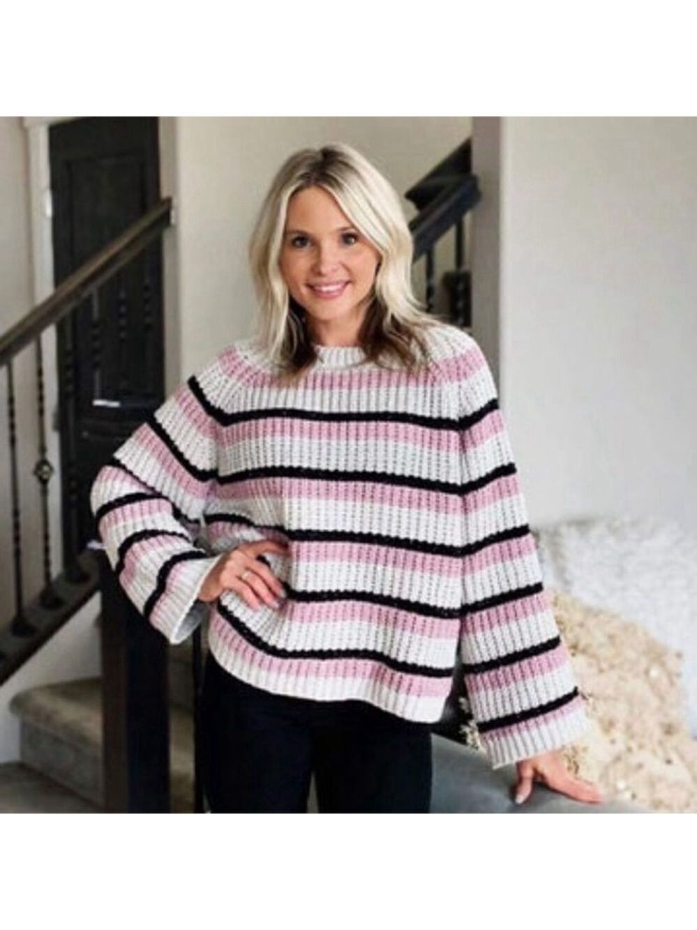 EN Créme | Chunky Glitter Striped Sweater With A Bell Sleeves NWOT